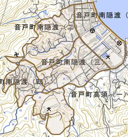 音戸町南隠渡とその周辺の地図。町の範囲を重ねている