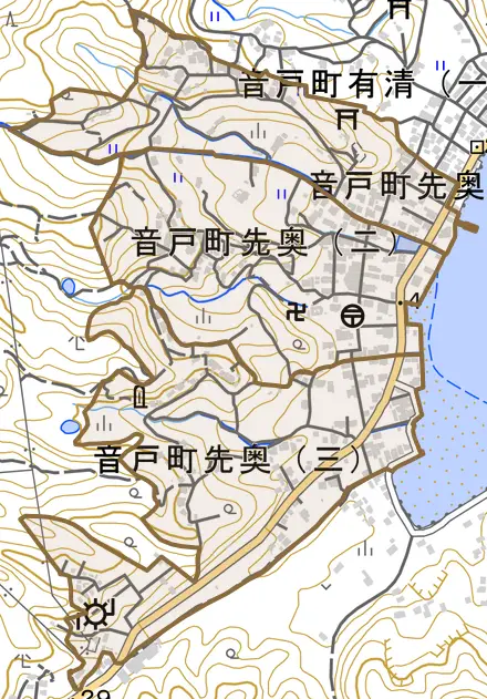 音戸町先奥とその周辺の地図。町の範囲を重ねている