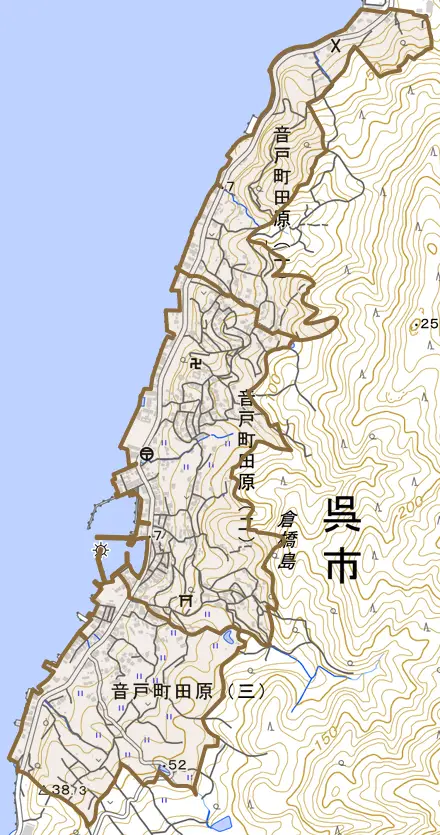 音戸町田原とその周辺の地図。町の範囲を重ねている