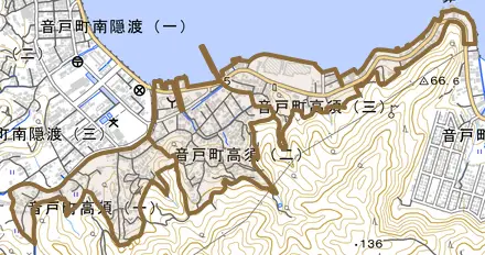音戸町高須とその周辺の地図。町の範囲を重ねている
