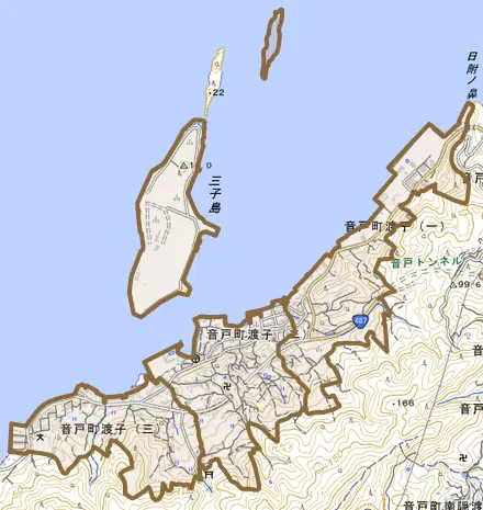 音戸町渡子とその周辺の地図。町の範囲を重ねている