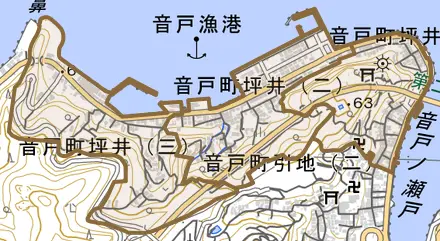音戸町坪井とその周辺の地図。町の範囲を重ねている
