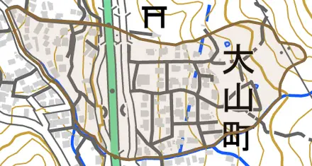 大山町とその周辺の地図。町の範囲を重ねている