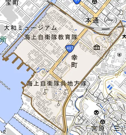 幸町とその周辺の地図。町の範囲を重ねている