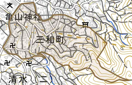 三和町とその周辺の地図。町の範囲を重ねている