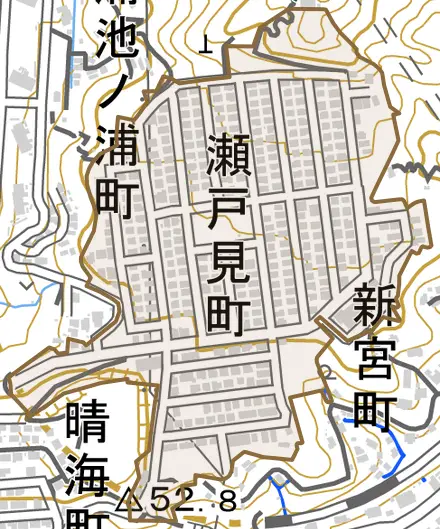 瀬戸見町とその周辺の地図。町の範囲を重ねている