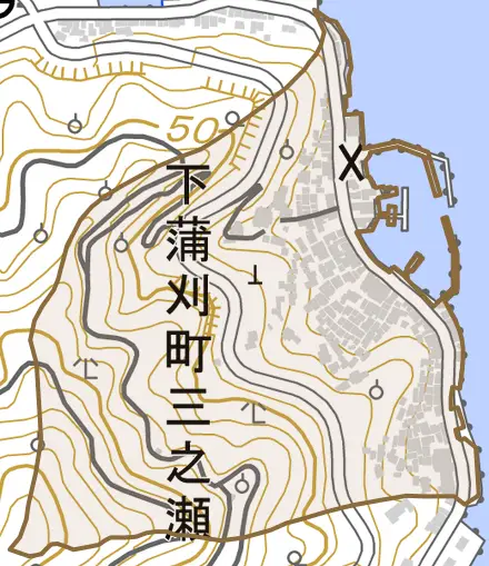 下蒲刈町三之瀬とその周辺の地図。町の範囲を重ねている