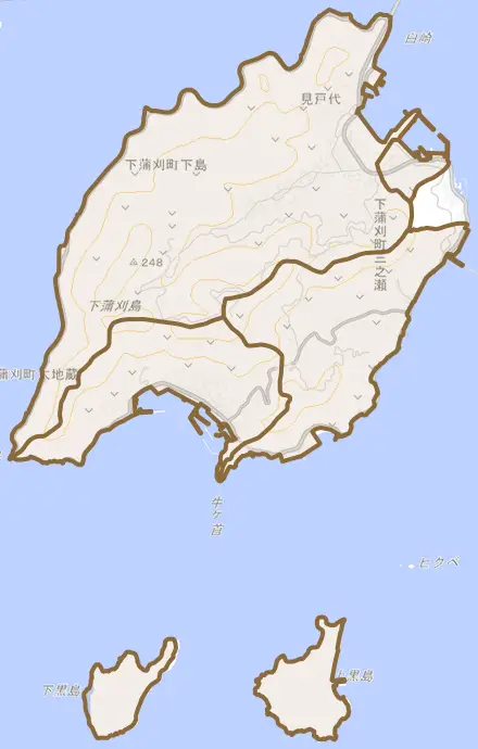 下蒲刈町下島とその周辺の地図。町の範囲を重ねている