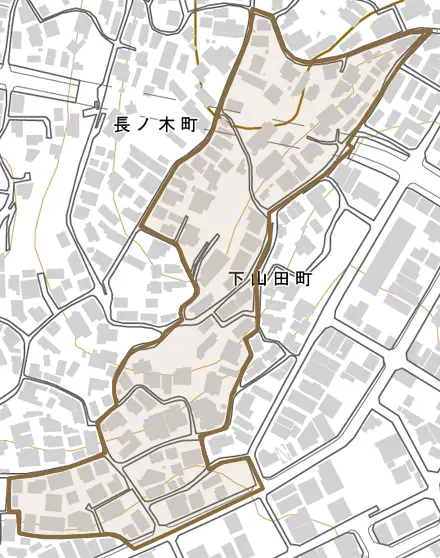 下山田町とその周辺の地図。町の範囲を重ねている