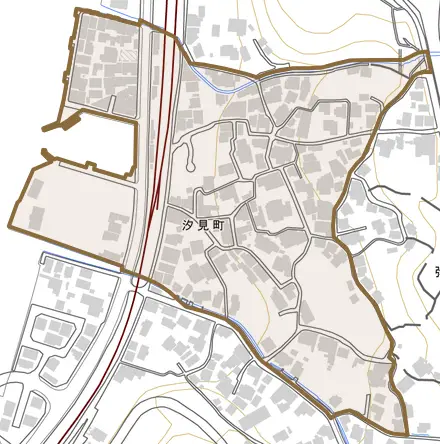 汐見町とその周辺の地図。町の範囲を重ねている