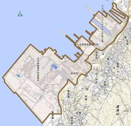 昭和町とその周辺の地図。町の範囲を重ねている