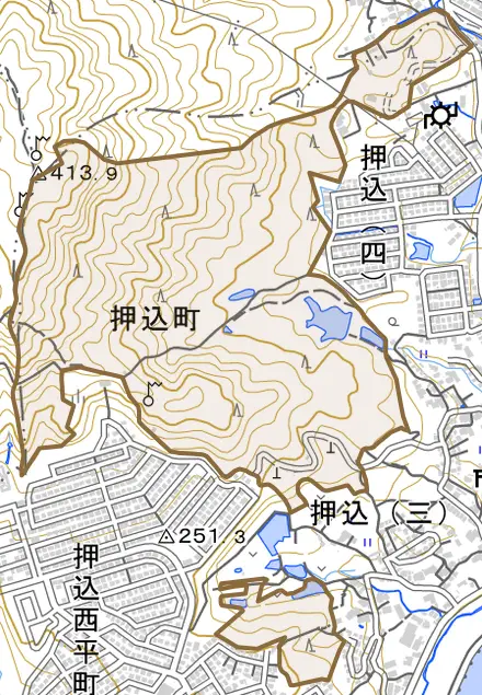 押込町とその周辺の地図。町の範囲を重ねている