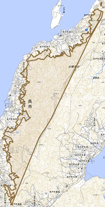 音戸町大字渡子とその周辺の地図。町の範囲を重ねている