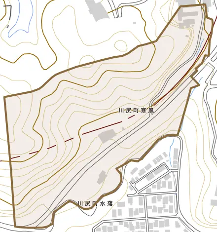 川尻町寒風とその周辺の地図。町の範囲を重ねている