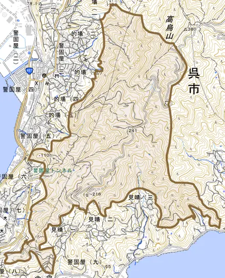 警固屋町とその周辺の地図。町の範囲を重ねている