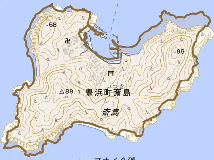 豊浜町大字斎島とその周辺の地図。町の範囲を重ねている