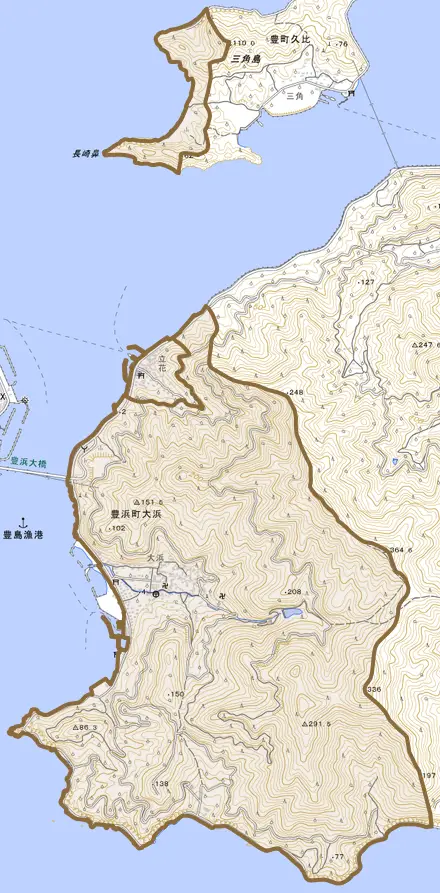 豊浜町大字大浜とその周辺の地図。町の範囲を重ねている