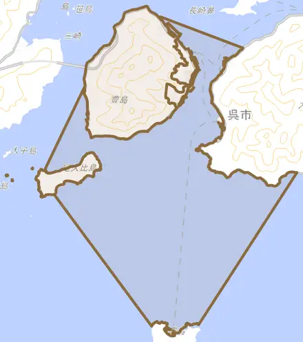 豊浜町大字豊島とその周辺の地図。町の範囲を重ねている