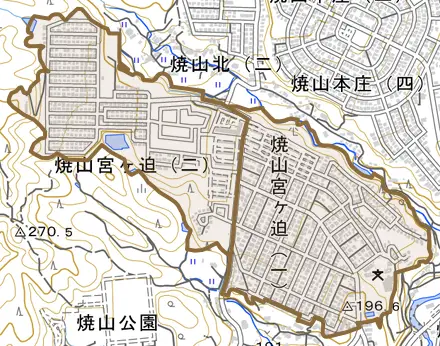 焼山宮ヶ迫とその周辺の地図。町の範囲を重ねている