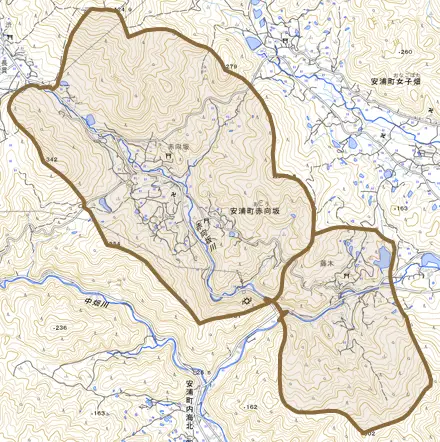 安浦町大字赤向坂とその周辺の地図。町の範囲を重ねている