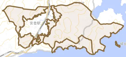 安浦町大字安登とその周辺の地図。町の範囲を重ねている