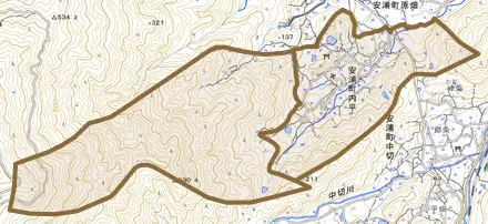 安浦町大字内平とその周辺の地図。町の範囲を重ねている