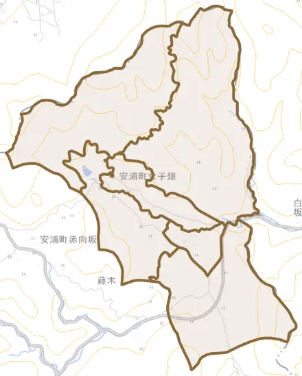 安浦町大字女子畑とその周辺の地図。町の範囲を重ねている