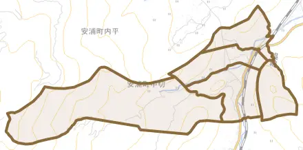 安浦町大字中切とその周辺の地図。町の範囲を重ねている