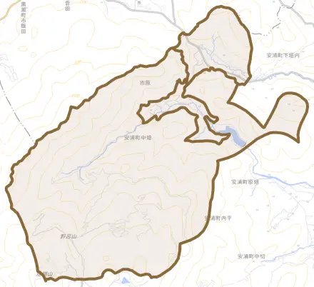 安浦町大字中畑とその周辺の地図。町の範囲を重ねている
