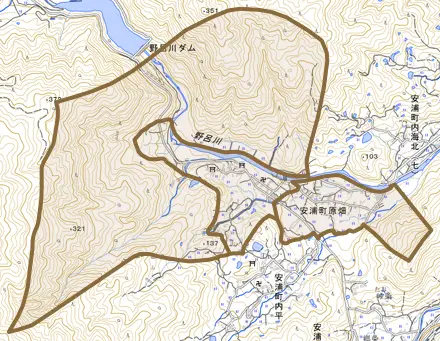 安浦町大字原畑とその周辺の地図。町の範囲を重ねている
