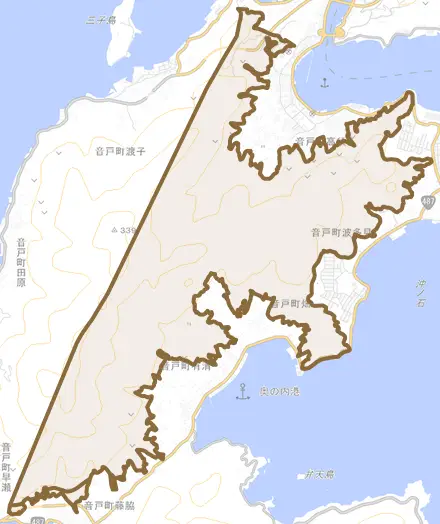 音戸町大字音戸とその周辺の地図。町の範囲を重ねている