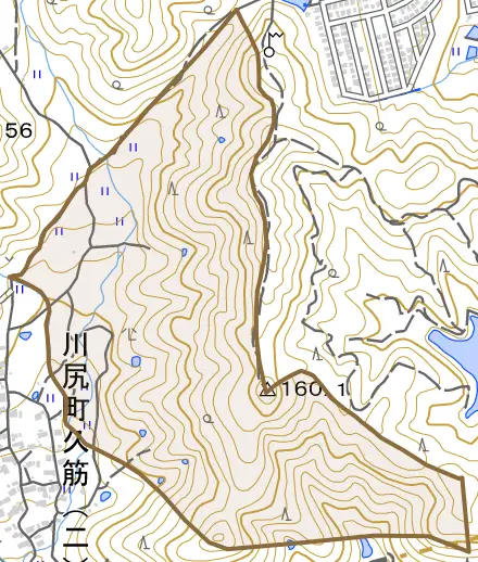 川尻町縄操とその周辺の地図。町の範囲を重ねている