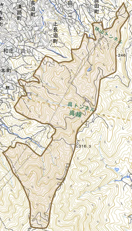 大字和庄町とその周辺の地図。町の範囲を重ねている