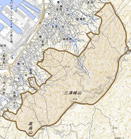 大字宮原村とその周辺の地図。町の範囲を重ねている