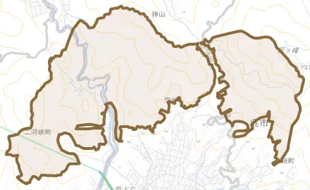 大字荘山田村とその周辺の地図。町の範囲を重ねている