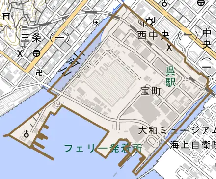 宝町とその周辺の地図。町の範囲を重ねている
