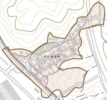 天応福浦町とその周辺の地図。町の範囲を重ねている