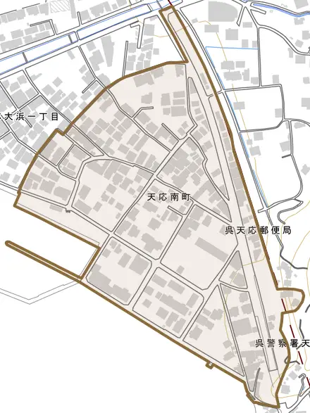 天応南町とその周辺の地図。町の範囲を重ねている