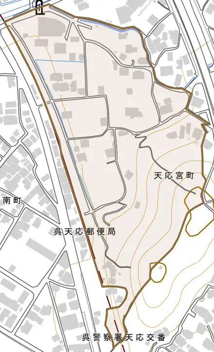 天応宮町とその周辺の地図。町の範囲を重ねている