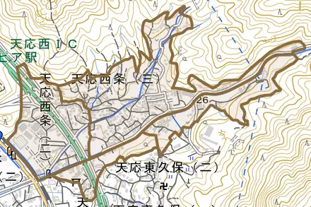 天応西条とその周辺の地図。町の範囲を重ねている