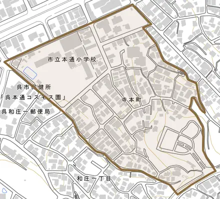 寺本町とその周辺の地図。町の範囲を重ねている