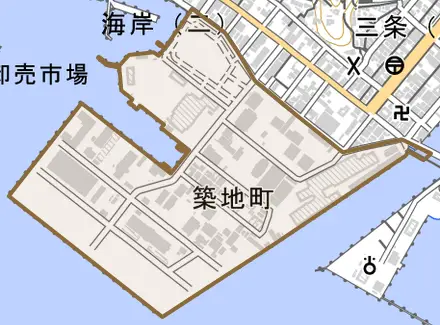 築地町とその周辺の地図。町の範囲を重ねている