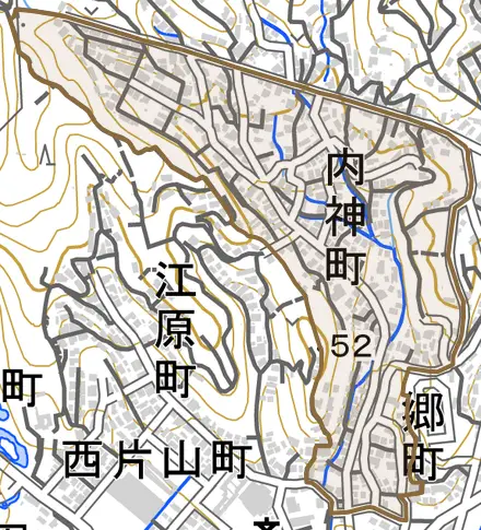 内神町とその周辺の地図。町の範囲を重ねている