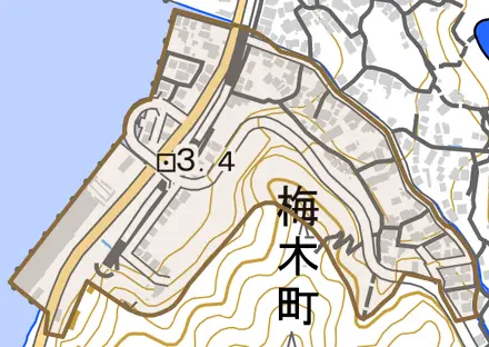 梅木町とその周辺の地図。町の範囲を重ねている