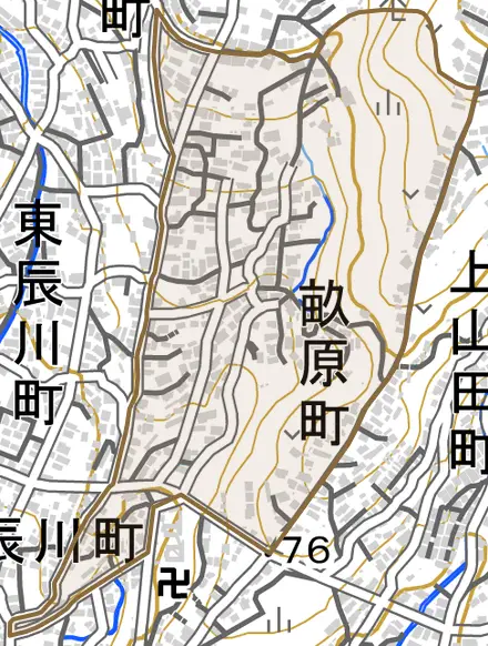 畝原町とその周辺の地図。町の範囲を重ねている