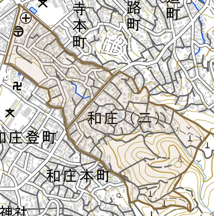 和庄とその周辺の地図。町の範囲を重ねている