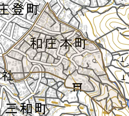 和庄本町とその周辺の地図。町の範囲を重ねている
