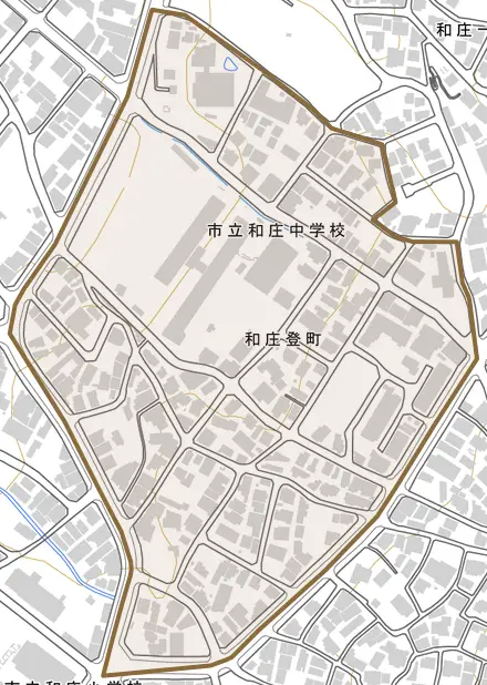 和庄登町とその周辺の地図。町の範囲を重ねている