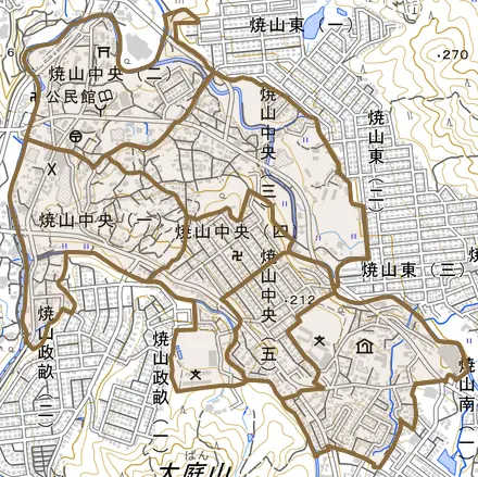 焼山中央とその周辺の地図。町の範囲を重ねている