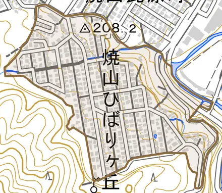 焼山ひばりヶ丘町とその周辺の地図。町の範囲を重ねている